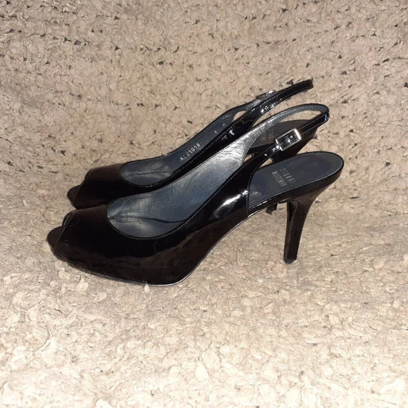 STUART WEITZMAN-Black Patent Leather Peep Toe-Stiletto-Sz 8-Excellent - Picture 2 of 7